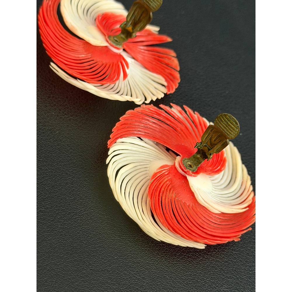 Vintage GERMANY Earrings Clip Ons Resin Red Cream Aurora Borealis Rhinestone - Picture 9 of 11